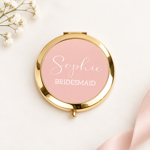 Gold personalised bridesmaid compact mirror on minimal ivory background