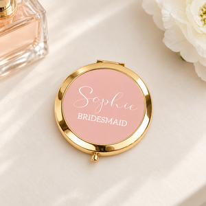 Gold personalised bridesmaid compact mirror bridal dressing table lifestyle