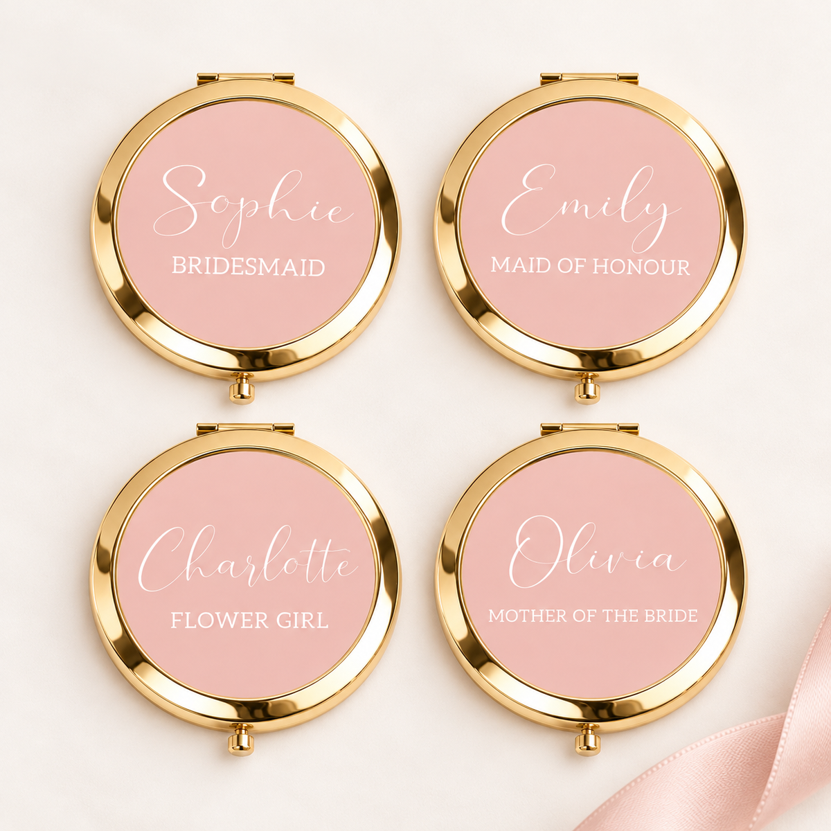 Gold compact mirrors personalised for bridesmaid and wedding party roles