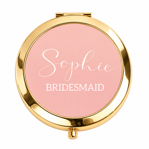 Gold personalised bridesmaid compact mirror on white background