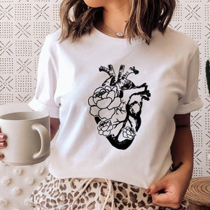 Halloween Casual T-shirt, Flower and Heart T-shirt, anatomical Heart T-shirt, Casual Halloween T-shirts, Gothic T-shirt, - Amy Lucy