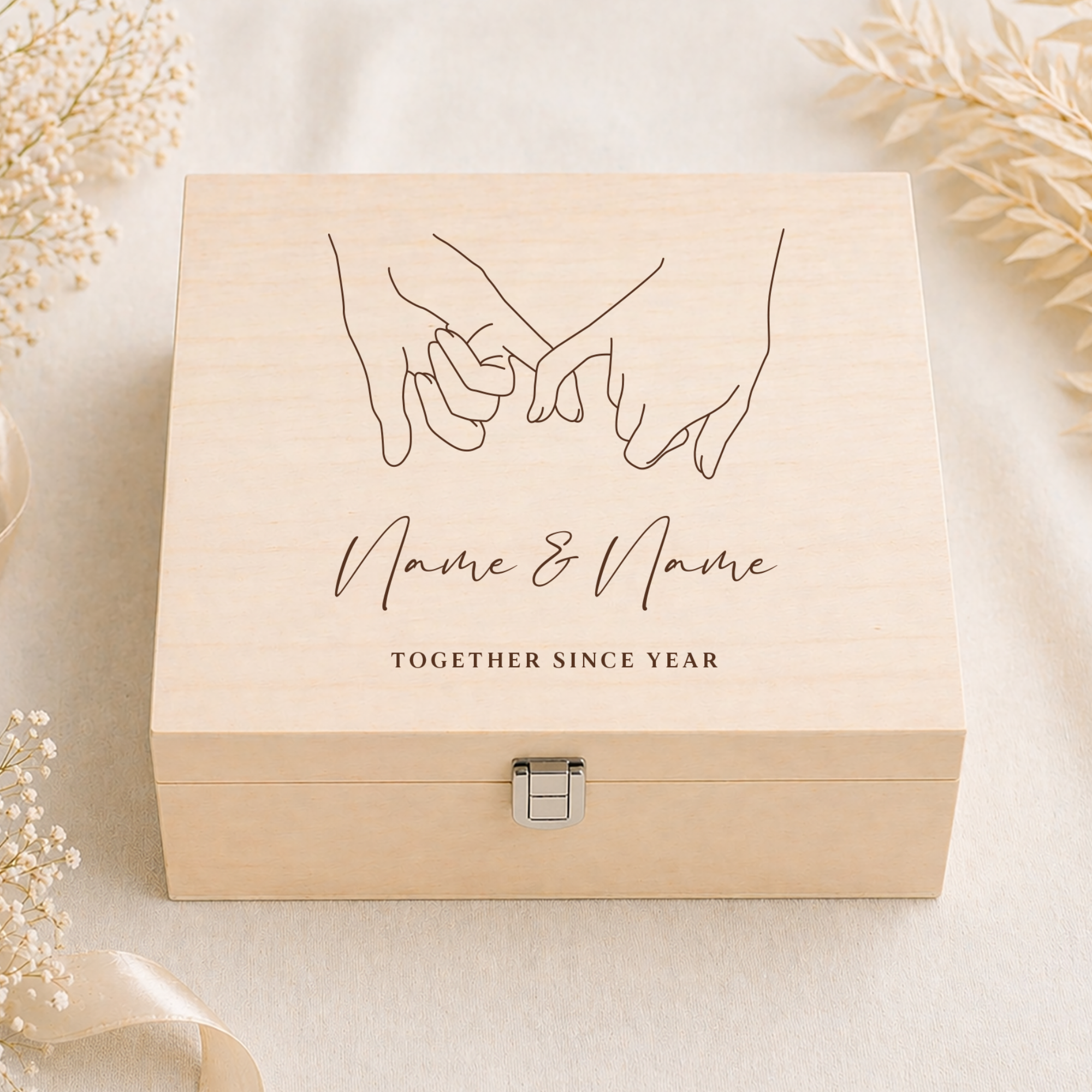 Engraved Pinky Couples Box, Personalised Wooden Wedding Memory Box, Custom Wedding Day Gift, Couple Anniversary Gift, Newlywed Gift,
