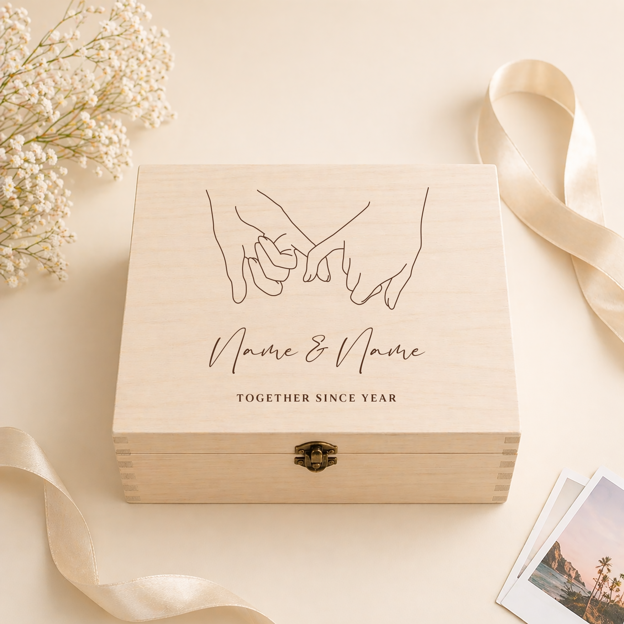 Engraved Pinky Couples Box, Personalised Wooden Wedding Memory Box, Custom Wedding Day Gift, Couple Anniversary Gift, Newlywed Gift,
