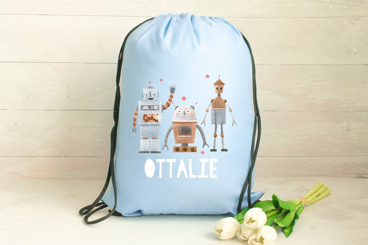 Personalised Gym Bag Kids, Boys Robot Gym Bag, Boys Drawstring Bag, School Bag, Robot School PE Bag, Robot Pump Bag, Nursery Bag, Blue