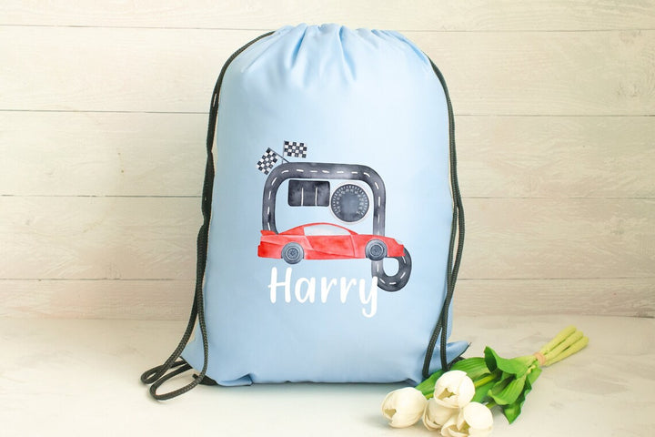 Personalised Gym Bag Kids, Boys Car Gym Bag, Boys Drawstring Bag, School Bag, Car School PE Bag, Car Pump Bag, Nursery Bag, Blue Kit Bag