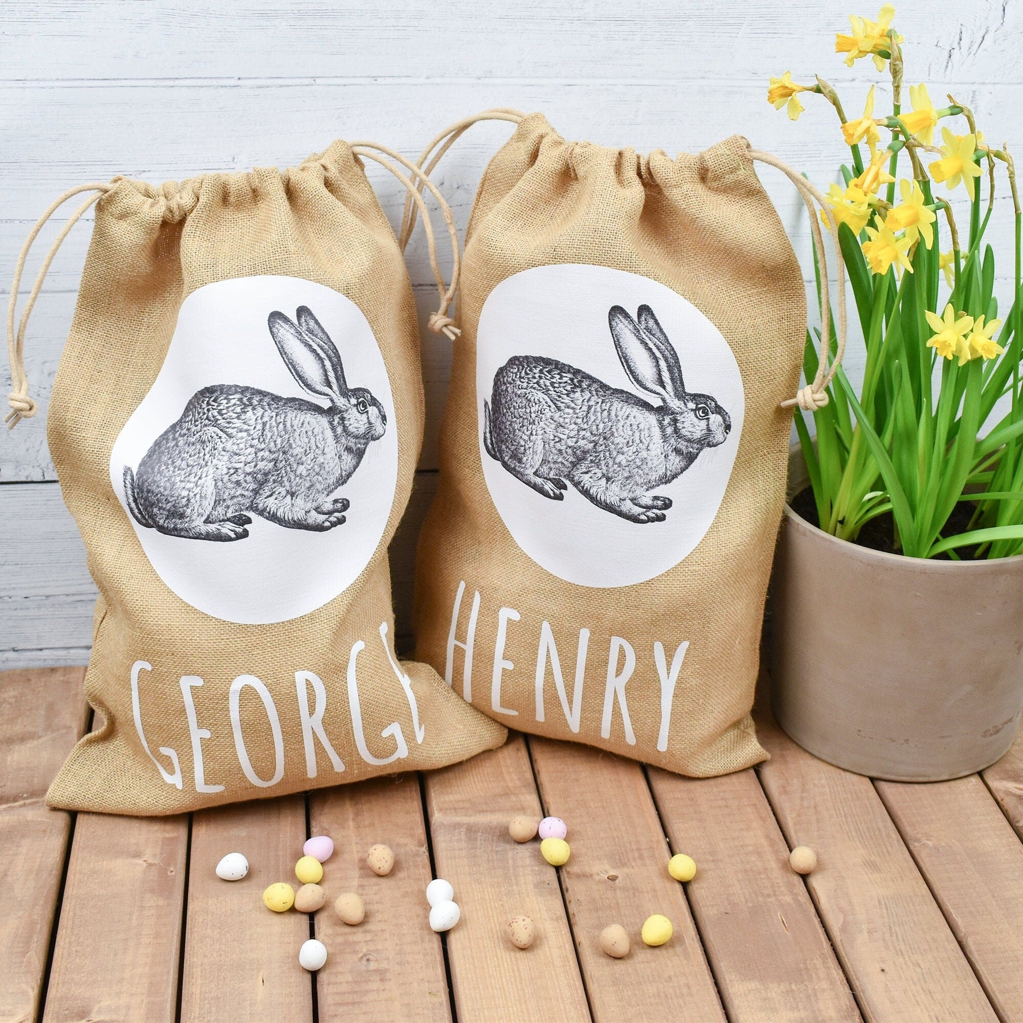 Personalised Vintage Easter Bunny Jute Sack, Personalised Easter Bag, Child's Storage Bag, Easter Egg Hunt Gift Bag, Easter Egg Hunt Bags