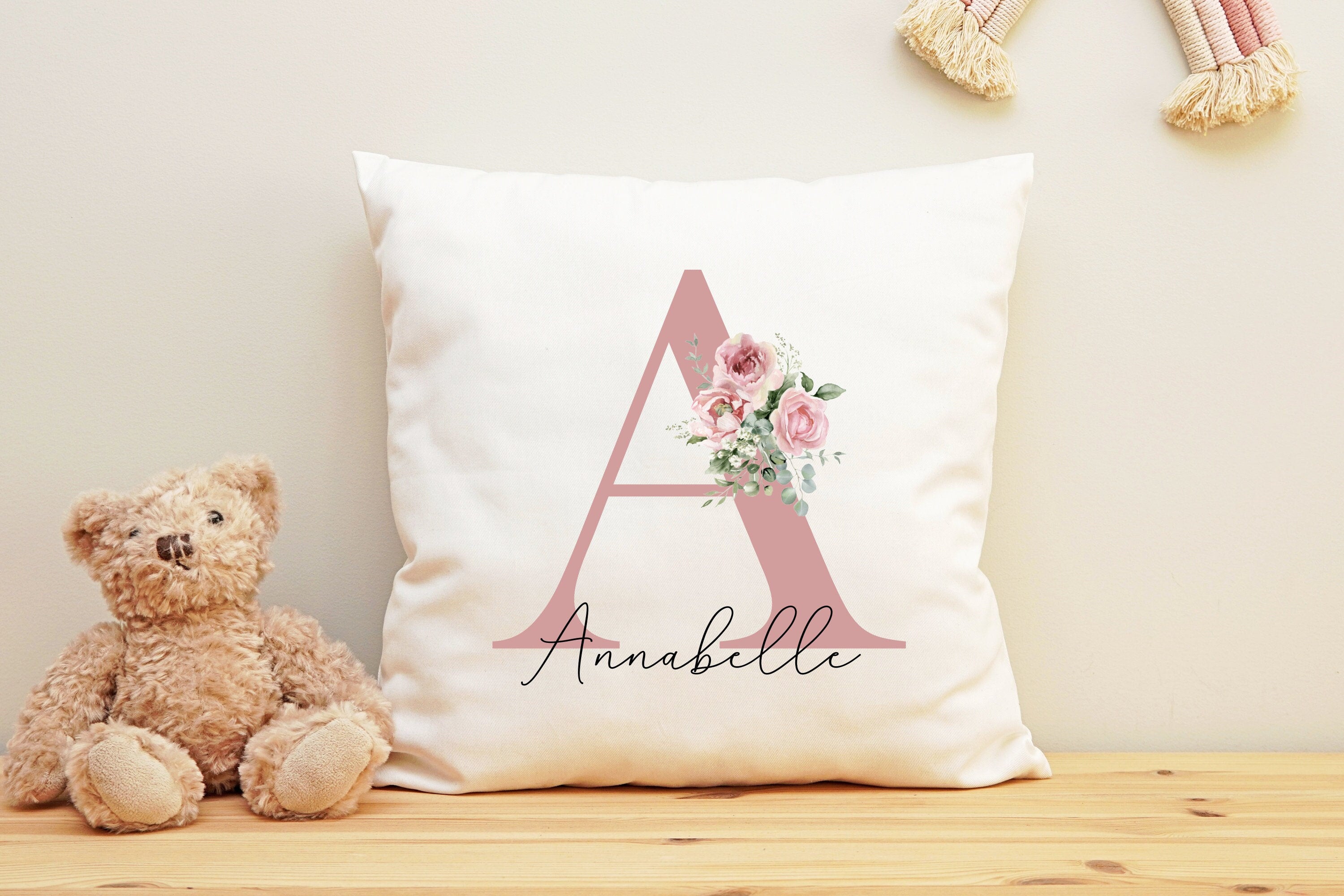 Personalised Initial Cushion, Rose Gold Custom Gift, Girls Bedroom Gift, Watercolour Flowers, Baby Gift, Initial Gift for Her, Custom Made