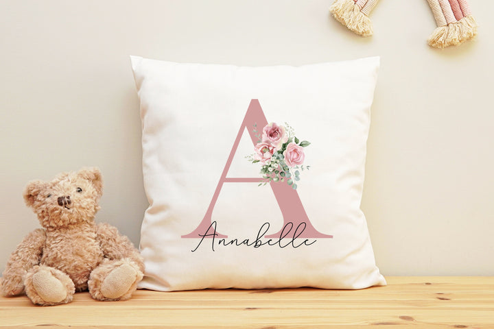 Personalised Initial Cushion, Rose Gold Custom Gift, Girls Bedroom Gift, Watercolour Flowers, Baby Gift, Initial Gift for Her, Custom Made