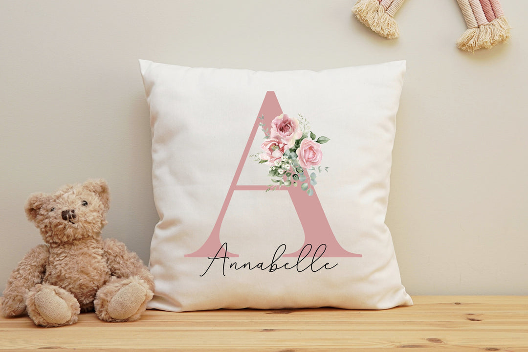 Personalised Initial Cushion, Rose Gold Custom Gift, Girls Bedroom Gift, Watercolour Flowers, Baby Gift, Initial Gift for Her, Custom Made