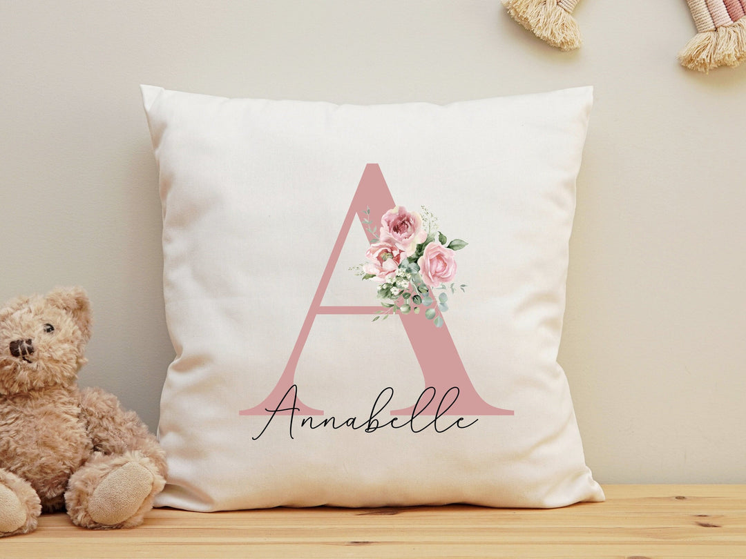 Personalised Initial Cushion, Rose Gold Custom Gift, Girls Bedroom Gift, Watercolour Flowers, Baby Gift, Initial Gift for Her, Custom Made