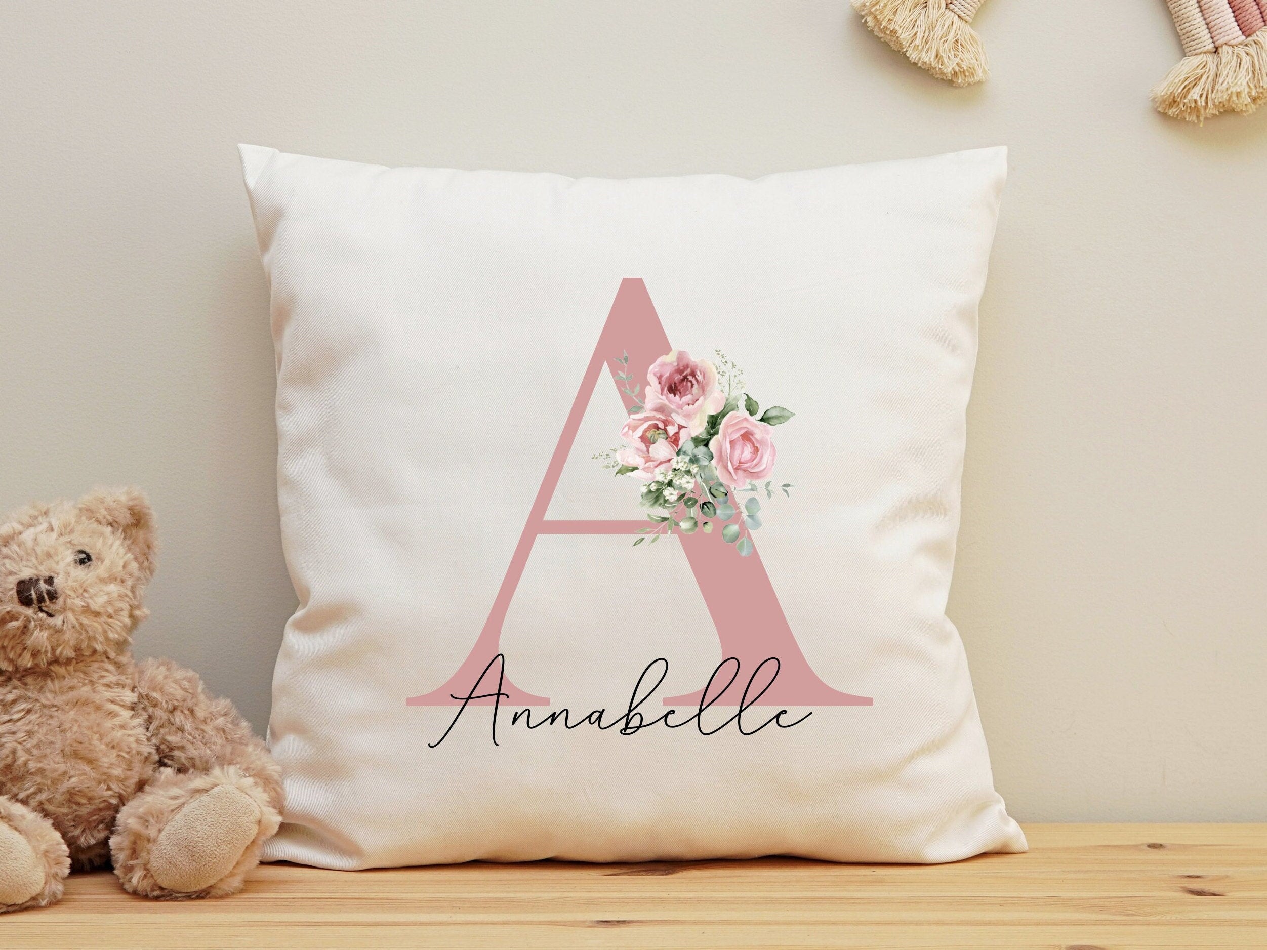 Personalised Initial Cushion, Rose Gold Custom Gift, Girls Bedroom Gift, Watercolour Flowers, Baby Gift, Initial Gift for Her, Custom Made