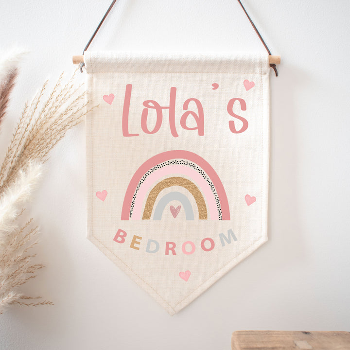 Personalised Rainbow pennant flag, boho nursery decor, bedroom decor, linen banner, Playroom, Children's bedroom flag, Kids birthday gift