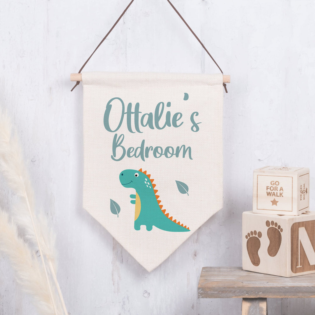 Personalised Dinosaur Wall Flag, Personalised Bedroom Wall Art, Dinosaur Wall Art, Bedroom Wall Hanging, Personalised Hanging Flag, Pennant