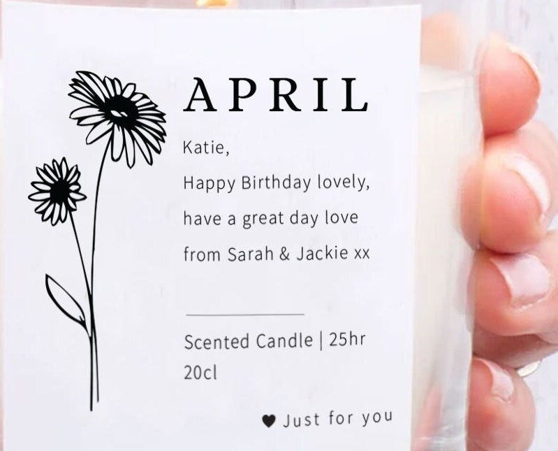 Personalised Birth Flower Candle, Birth Month Candle, Custom Birthday Candle, Birth Flower Birthday Gift, Gift for Her, Vegan Candle