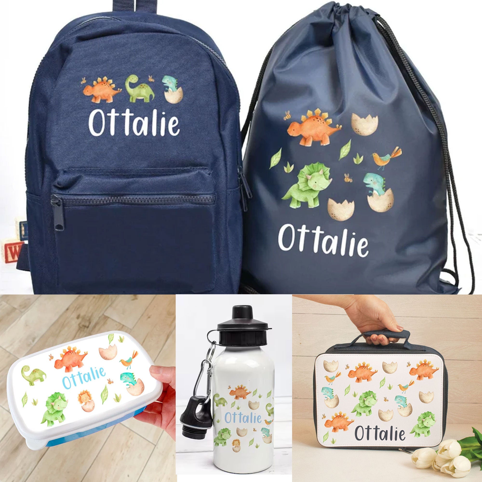 Personalised Dinosaur Backpack, Dinosaur School Bundle, Kids Back to School Set, Boys School Lunch Bag, Lunch Box, Dinosaur Lunch Set