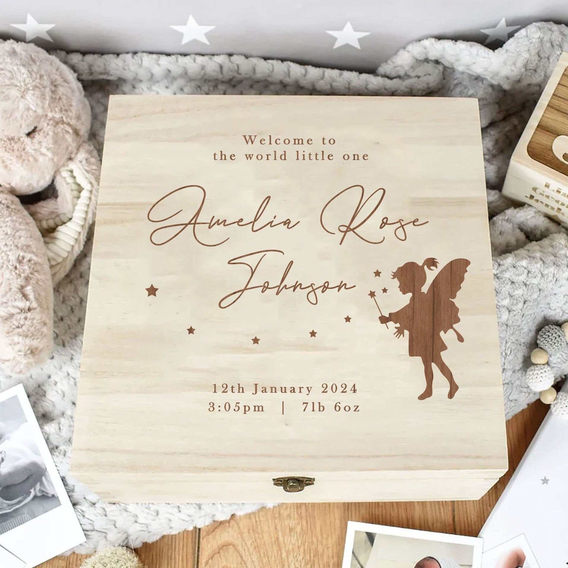 Personalised Wooden Baby Box, Fairy Engraved Baby Box, Fairy Baby Memory Box, Newborn Keepsake Box, Birth Stats Gift, Welcome Baby Box, Baby