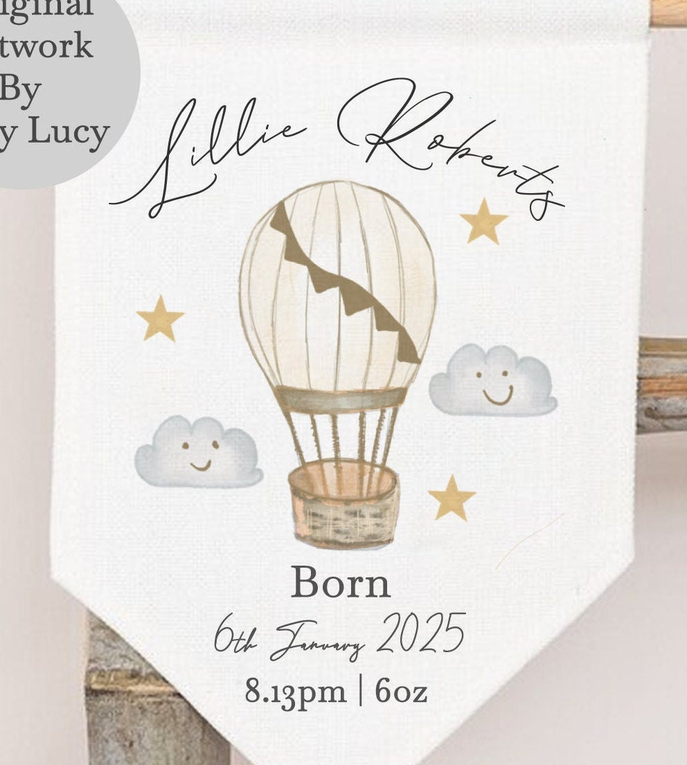 Personalised New Baby Flag - New Baby Gift - Nursery Decor - Baby Gifts - Air Balloon Baby Gift - Personalised Baby Gifts - Banner