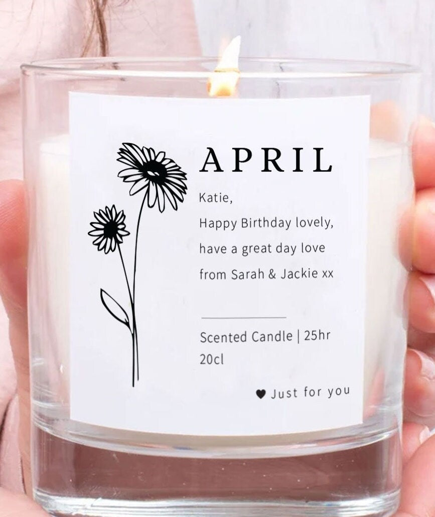 Personalised Birth Flower Candle, Birth Month Candle, Custom Birthday Candle, Birth Flower Birthday Gift, Gift for Her, Vegan Candle