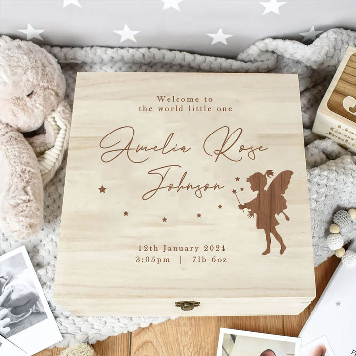 Personalised Wooden Baby Box, Fairy Engraved Baby Box, Fairy Baby Memory Box, Newborn Keepsake Box, Birth Stats Gift, Welcome Baby Box, Baby