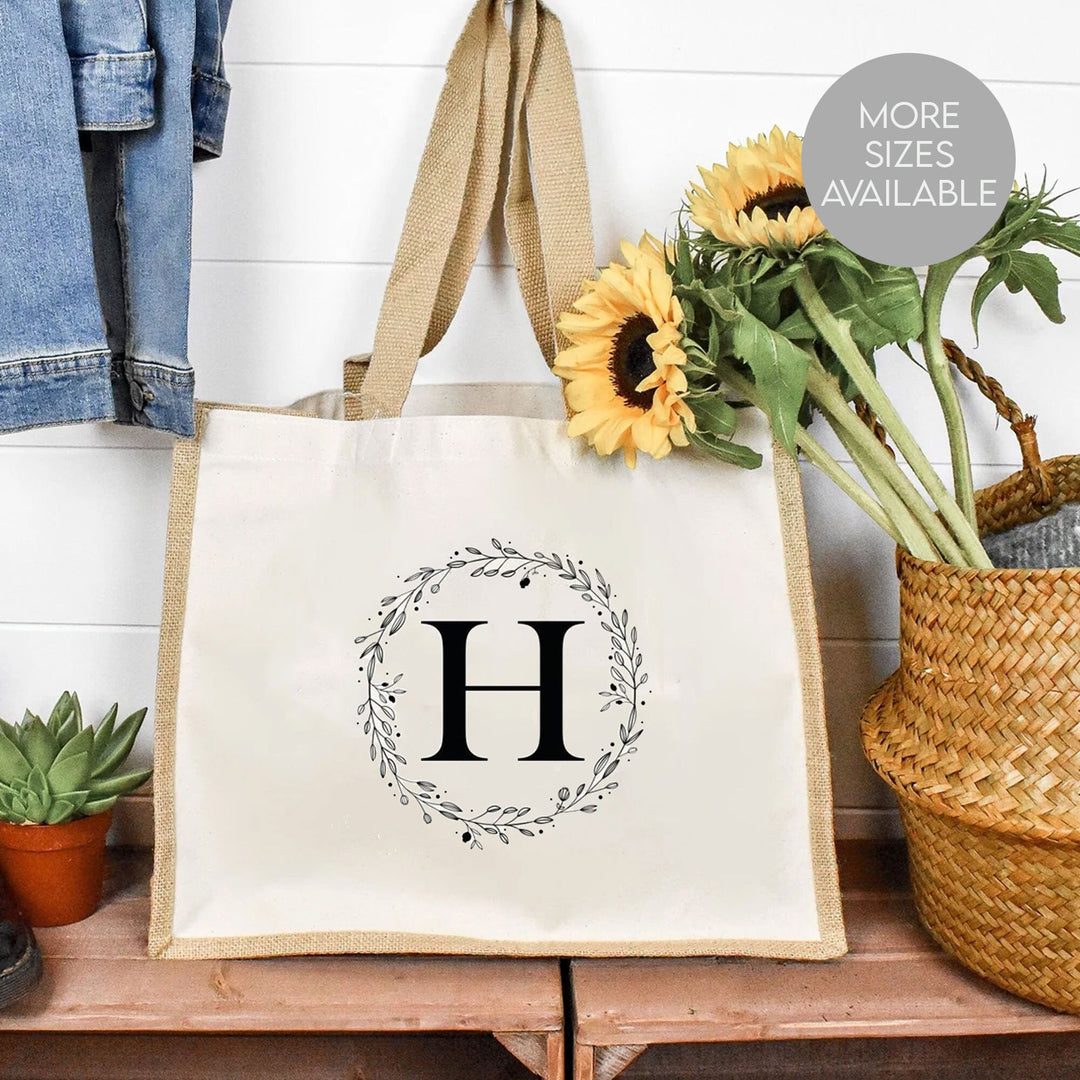 Personalised Large Tote Bag, Initial Tote Bag, Uni Bag, Personalised Jute Shopping Bag, Large Book Bag, Custom Printed Bag, Wreath Large Bag