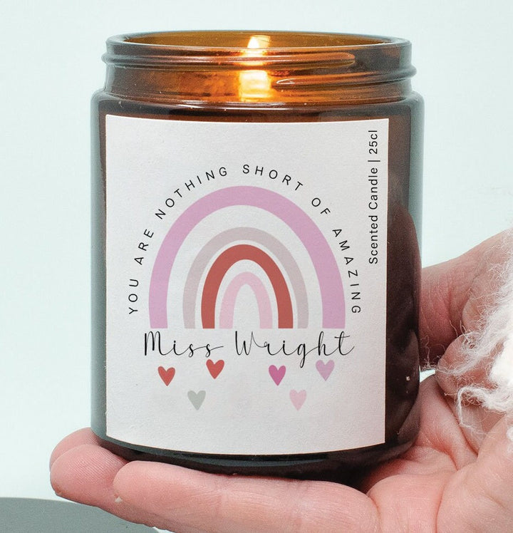 Personalised Teacher Candle, Rainbow Teacher Appreciation Gift, Teaching Assistant Gift, Headteacher Gift, End of School Thank you, Teacher