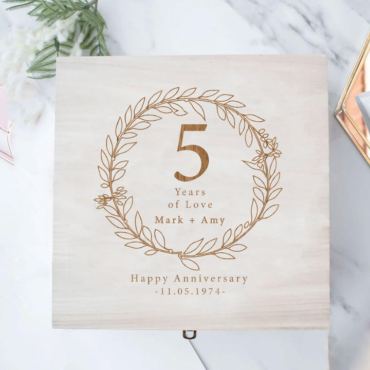 Engraved Anniversary Keepsake Box, Personalised Wooden Anniversary Memory Box, Wood Anniversary Gift, 5th Couple Anniversary Gift, Year Gift