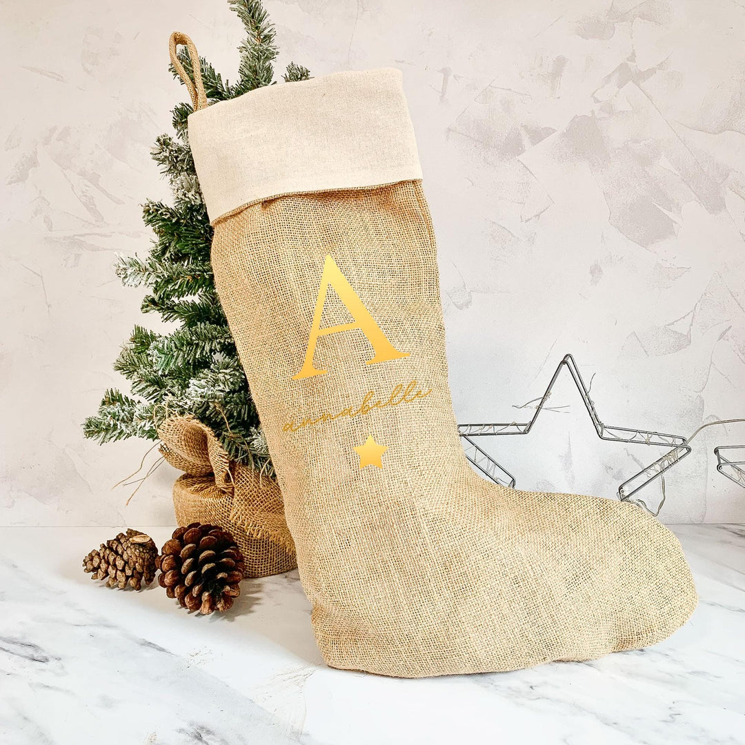 Personalised Jute Christmas Stocking, Jute Xmas Stocking, Name Christmas Stocking, Initial Christmas Stocking, Hessian Decoration,