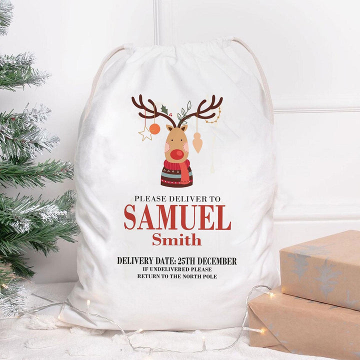 Personalised Reindeer Sack, Christmas Sack, Child's Kids Christmas Gift Sack, Cotton Reindeer Bag, Santa Toy Bag, Reindeer Toy Sack,