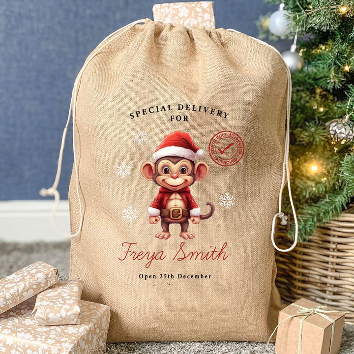 Personalised Christmas Sack, Cute Jute Christmas Sack, Country Xmas Sack, Santa Sack, Animal Santa Sack, Xmas Decor, Monkey Xmas Sack