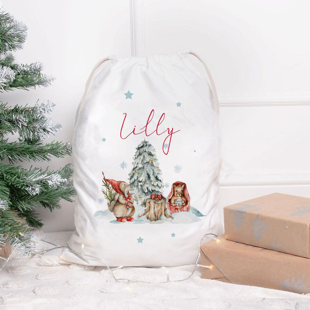 Personalised Woodland Christmas Sack Stocking Set, Woodland Animal Christmas Mug Stocking Sets, Xmas Santa Bag, Custom Christmas Stocking,