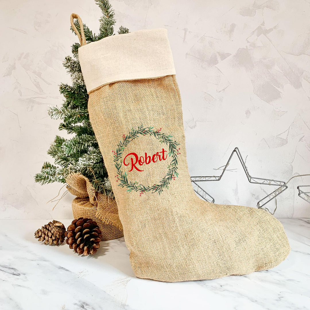 Personalised Hessian Christmas Stocking, Wreath Xmas Stocking, Name Christmas Stocking, Custom Xmas Stocking, Jute Decoration,