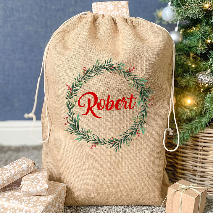 Personalised Wreath Santa Sack, Pretty Christmas Sack, Child's Kids Christmas Gift Sack, Holiday Sack, Jute Santa Toy Bag, Country Style