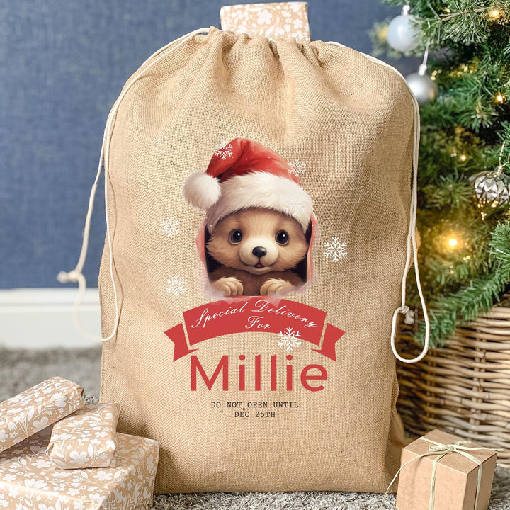 Personalised Christmas Sack, Cute Jute Christmas Sack, Country Xmas Sack, Santa Sack, Bear Santa Sack, Xmas Decor, Bear Xmas Sack