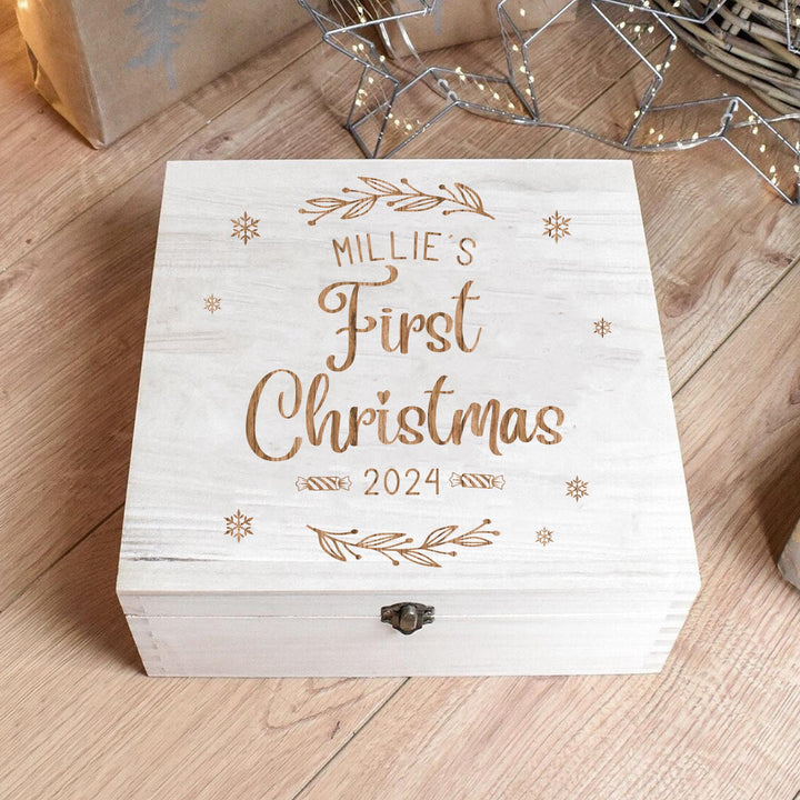 Personalised First Christmas Eve Box, Snowflake Christmas Eve  Box, Engraved First Christmas Eve Box, Wooden First Christmas Box, Engraved