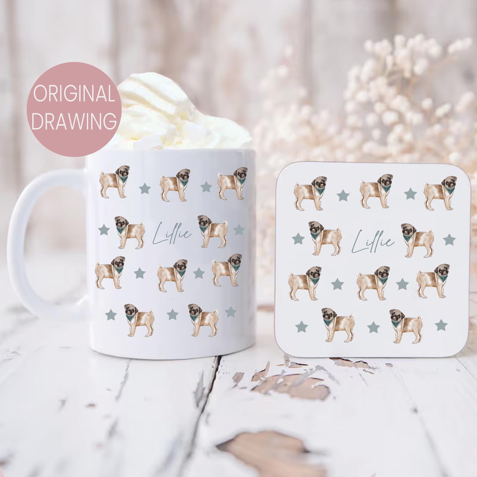 Personalised Pug Dog Mug and Coaster Set, Pug Lover Mug and Coaster, Dog Owner Gift Set, Dog Mum Gifts, Pug Gift