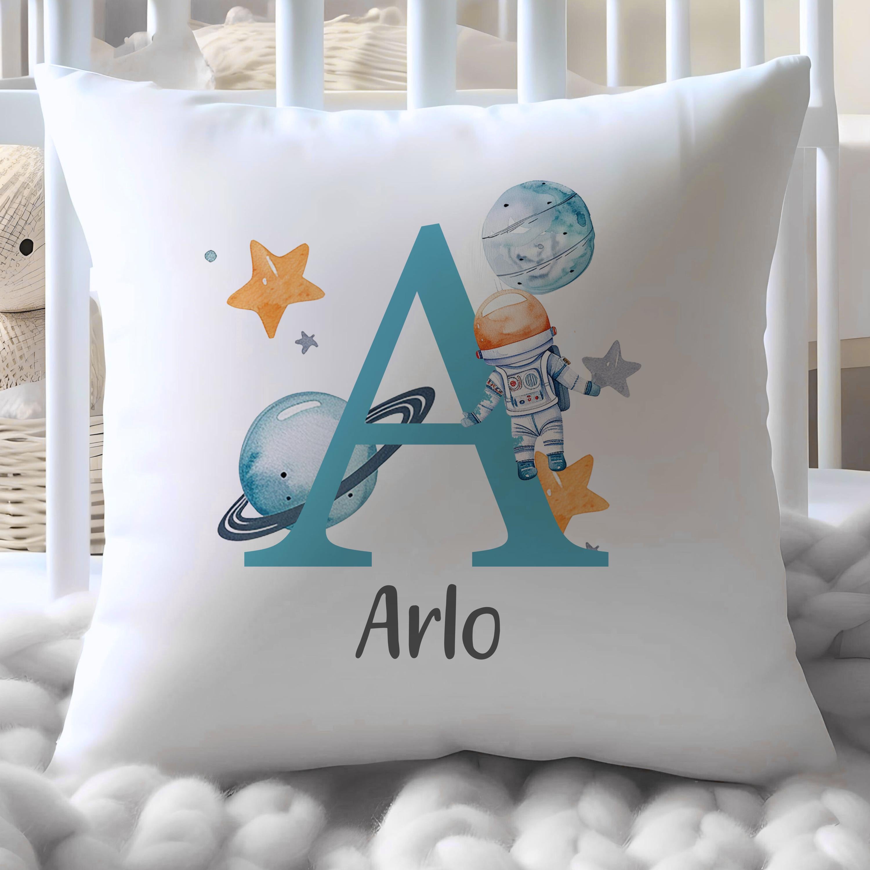 Personalised Space Cushion Cover, Boys Room Cushion, Blue Room Cushion, Boys Cotton Scatter Cushion, Spaceship Cushions, Blue Decoration