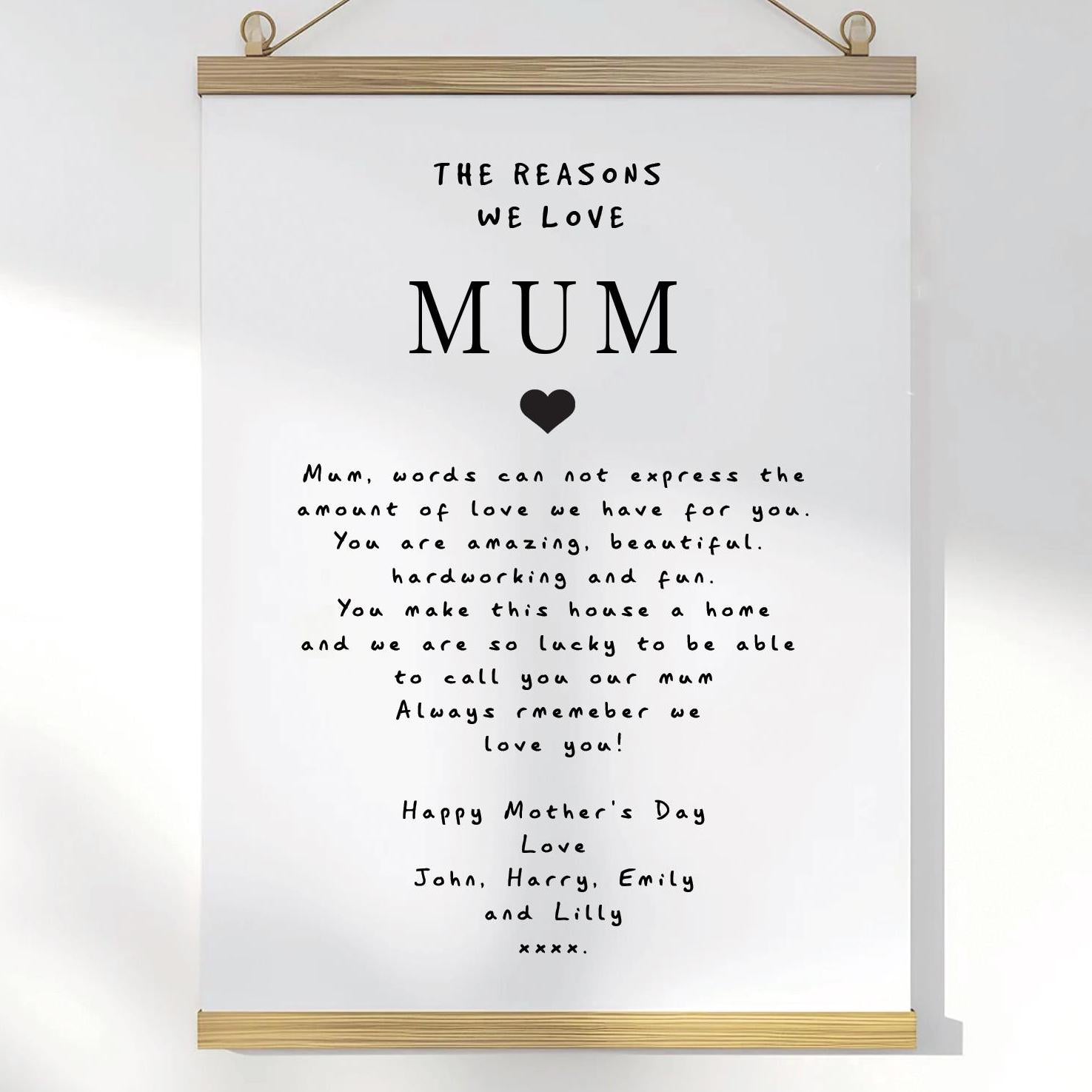 Personalised The Reasons we love Mum Poster, Mother's Day Poster, Mum Custom Poster, Personalised Poster About Mum, Mum Posters