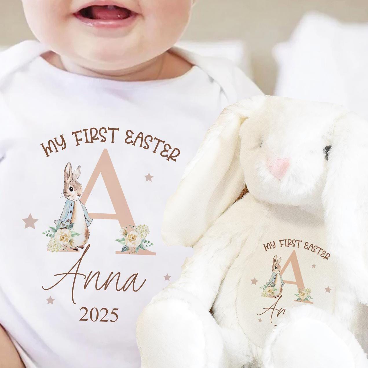Personalised First Easter Baby Vest, Baby First Easter Outfit, Baby First Easter Soft Toy, Soft Toy Easter Bunny, Baby Easter Bib, Baby