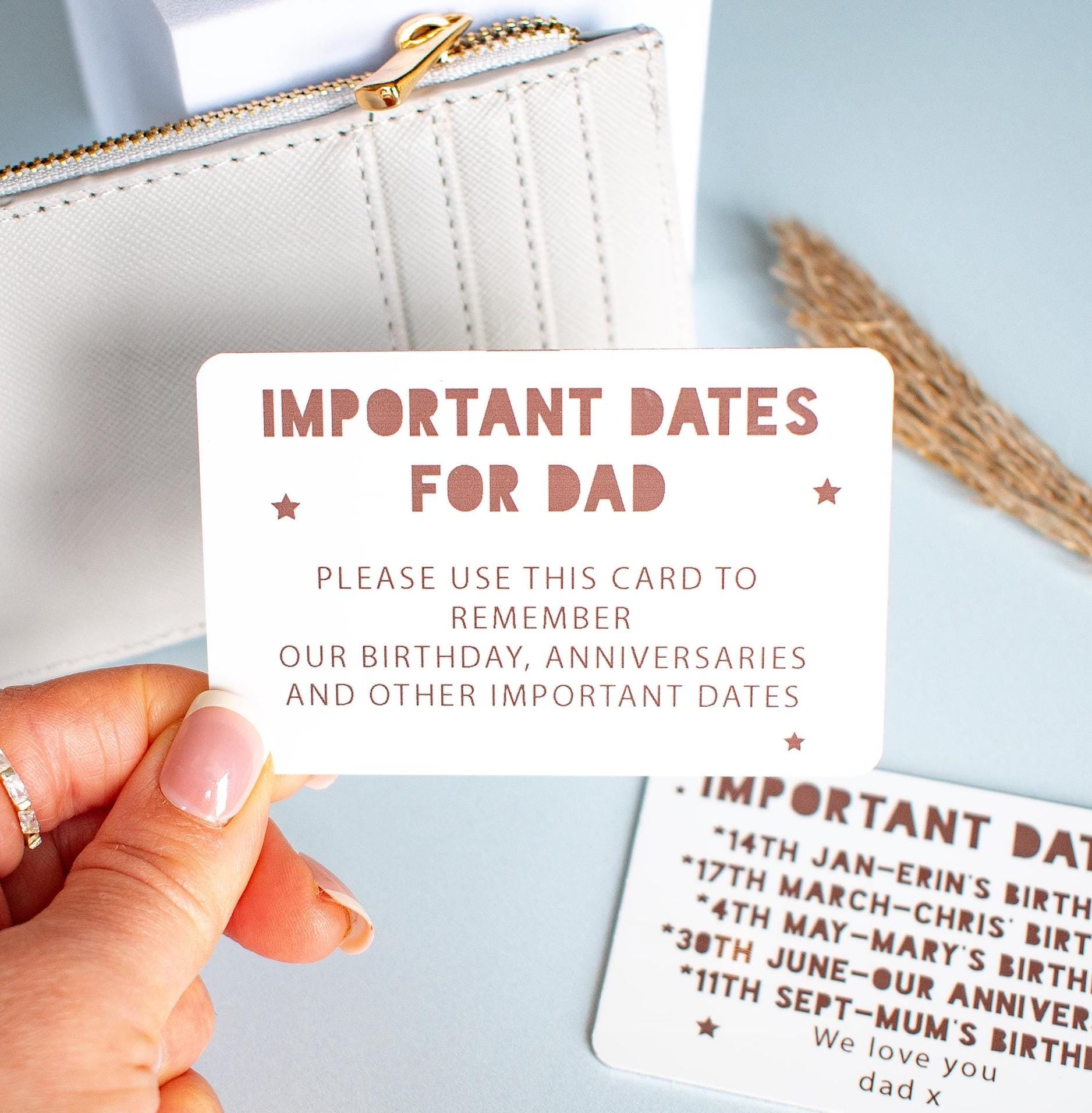 Personalised Important Dates for Dad Card, Important Dates Fathers Day Card, Custom Keepsake Dates Dad Gift, Dad to Remember, Wallet Card