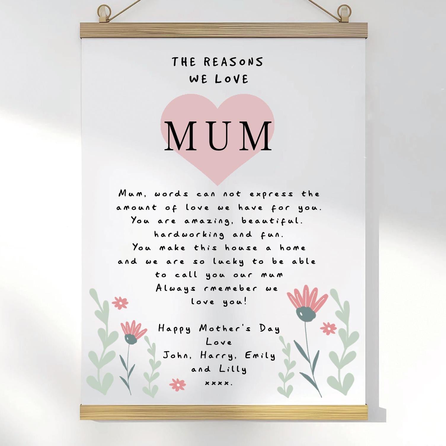 Personalised The Reasons we love Mum Poster, Mother's Day Poster, Mum Custom Poster, Personalised Poster About Mum, Mum Posters