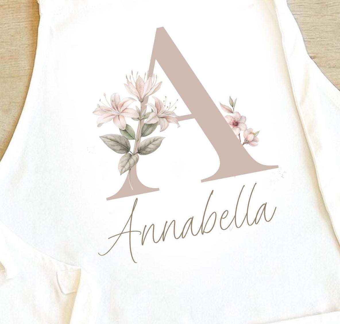 Personalised Initial Apron, Neutral Baking Gift, Watercolour Flowers Apron Cooking Gift, Initial Gift for Her, Custom Made, Your Words