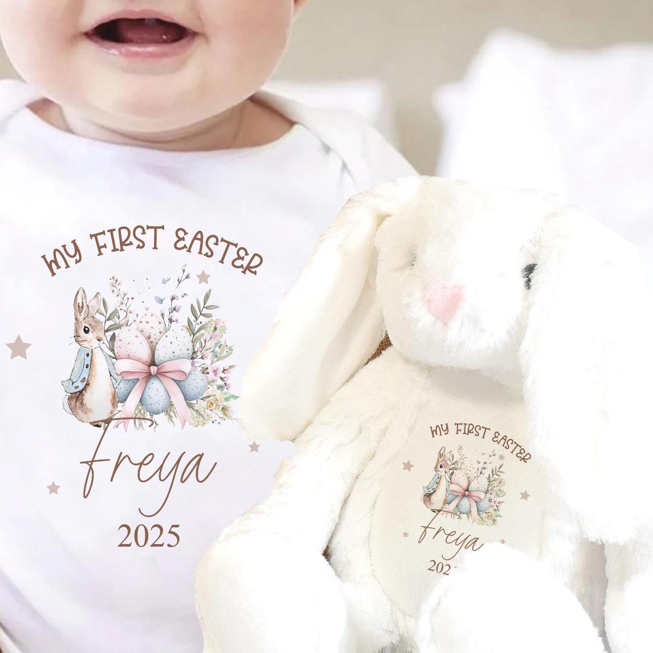 Personalised First Easter Baby Vest, Baby First Easter Outfit, Baby First Easter Soft Toy, Soft Toy Easter Bunny, Baby Easter Bib, Baby