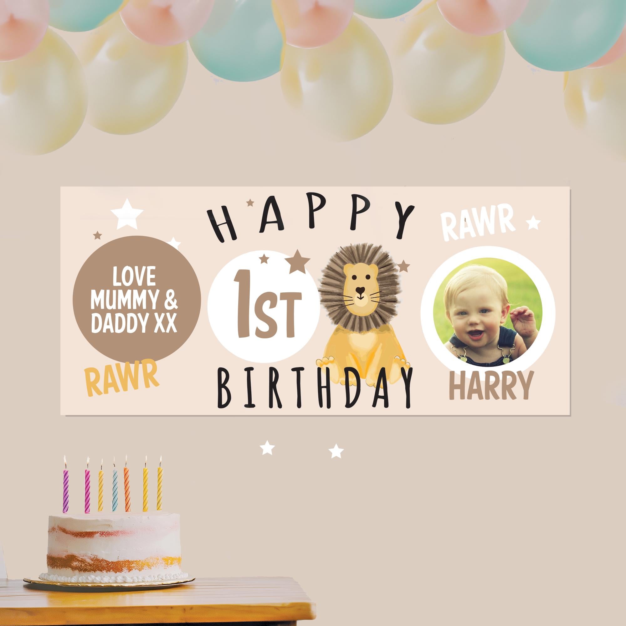 Personalised 1st Birthday Banner, Neutral 1st Birthday Banner, Age Photo Birthday Banner, Lion Jungle Birthday Banner, Child 1st Party Large