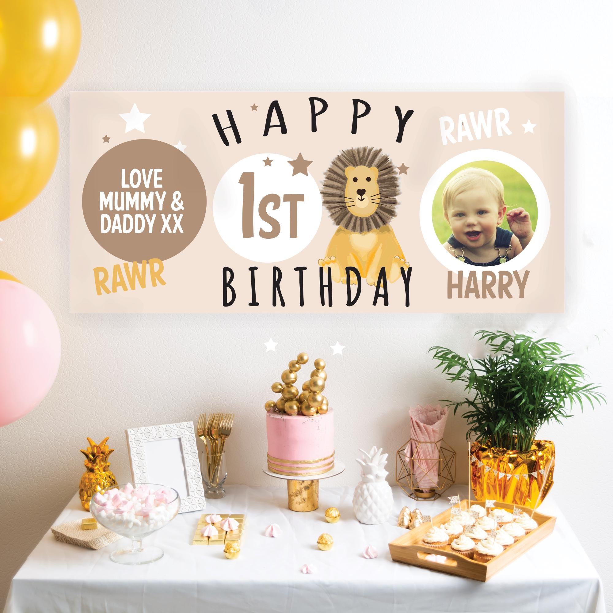 Personalised 1st Birthday Banner, Neutral 1st Birthday Banner, Age Photo Birthday Banner, Lion Jungle Birthday Banner, Child 1st Party Large