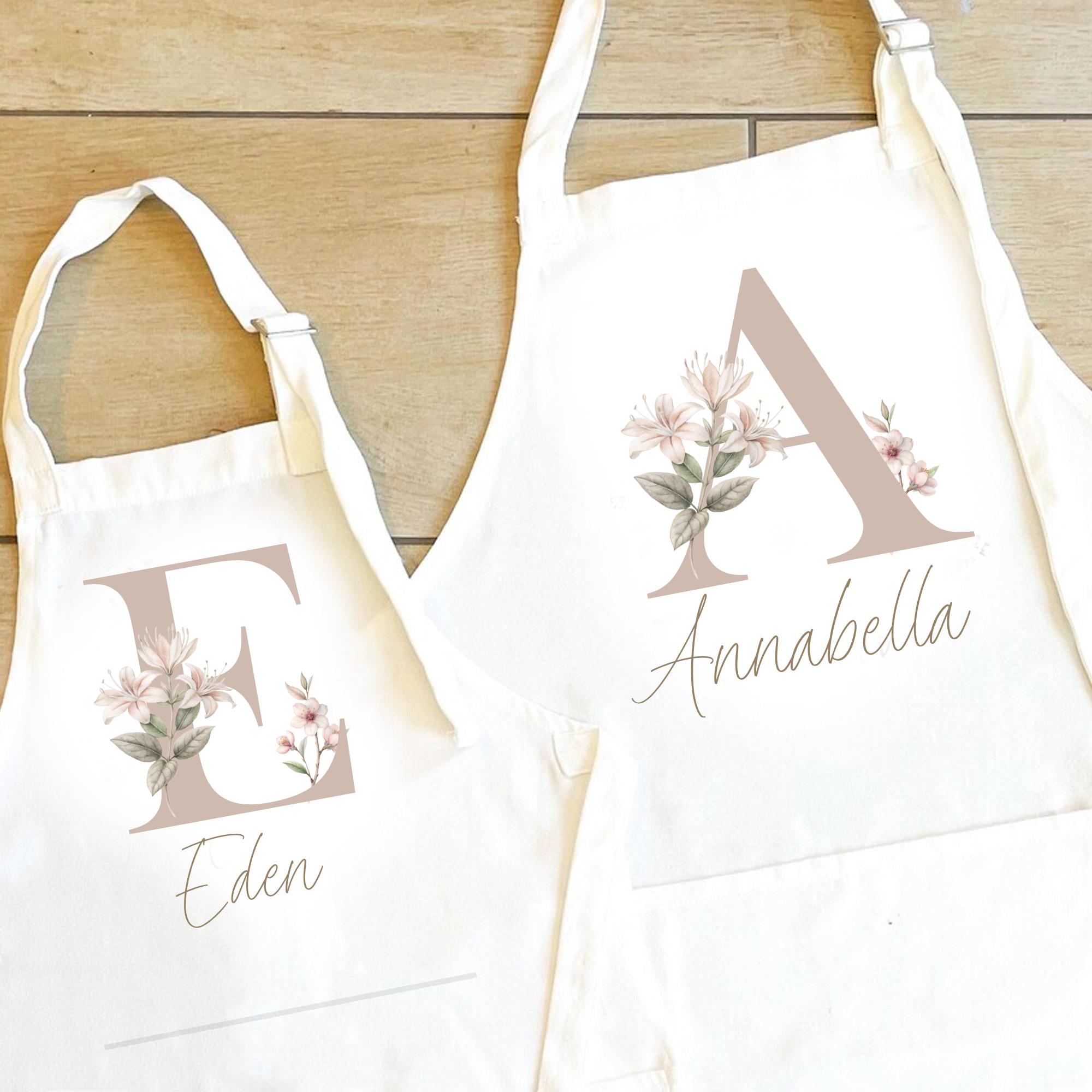 Personalised Initial Apron, Neutral Baking Gift, Watercolour Flowers Apron Cooking Gift, Initial Gift for Her, Custom Made, Your Words