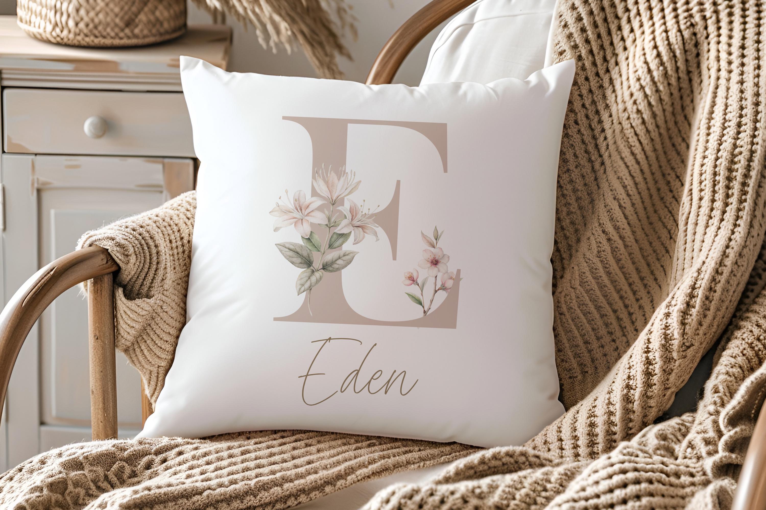 Personalised Initial Cushion, Neutral Custom Gift, Girls Bedroom Gift, Watercolour Flowers, Birthday Gift Initial Gift for Her, Custom Made