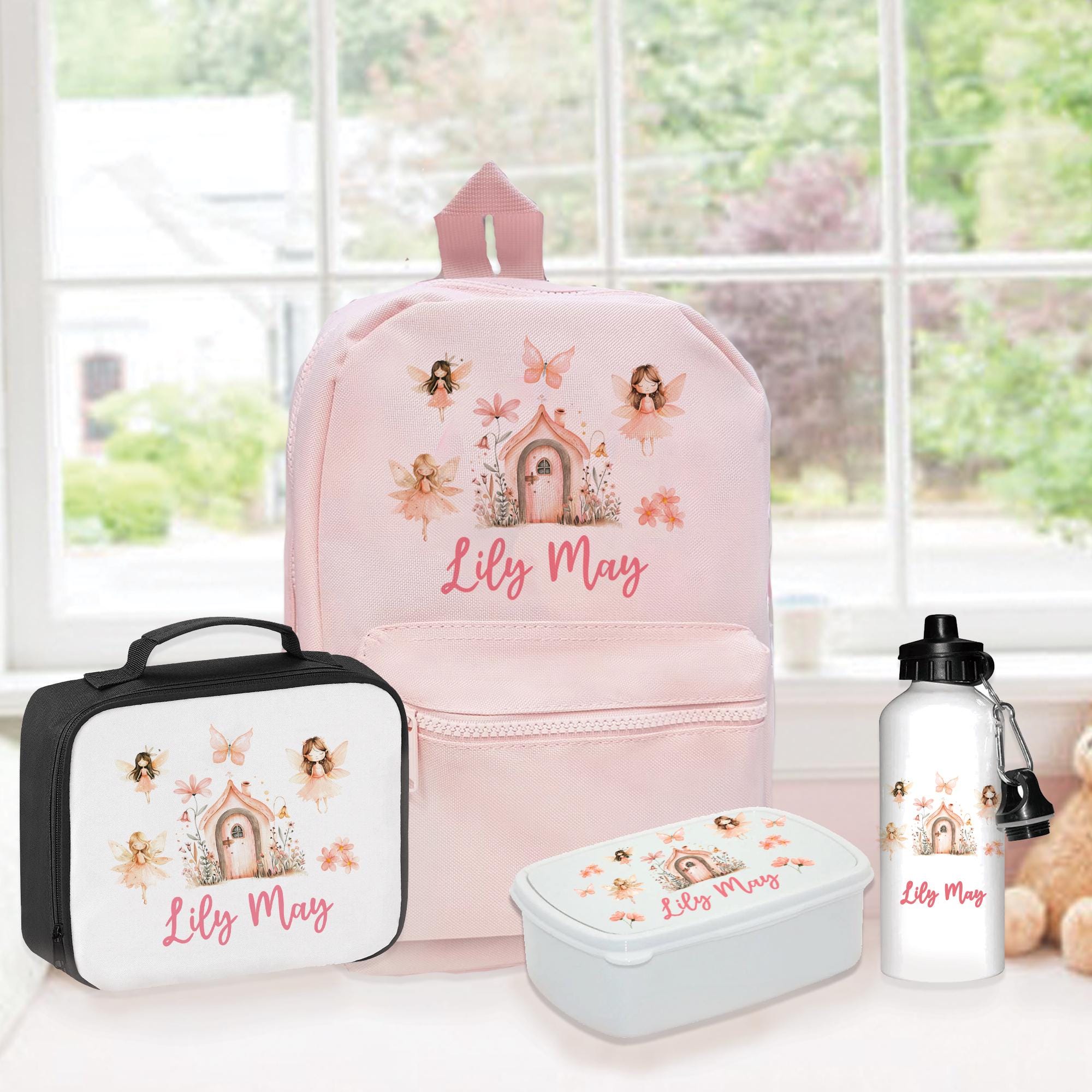 Personalised Fairy Backpack, Fairy Princess School Bundle, Kids Back to School Set, Girls School Lunch Bag, Lunch Box, Fairy Lunch Set, Pink