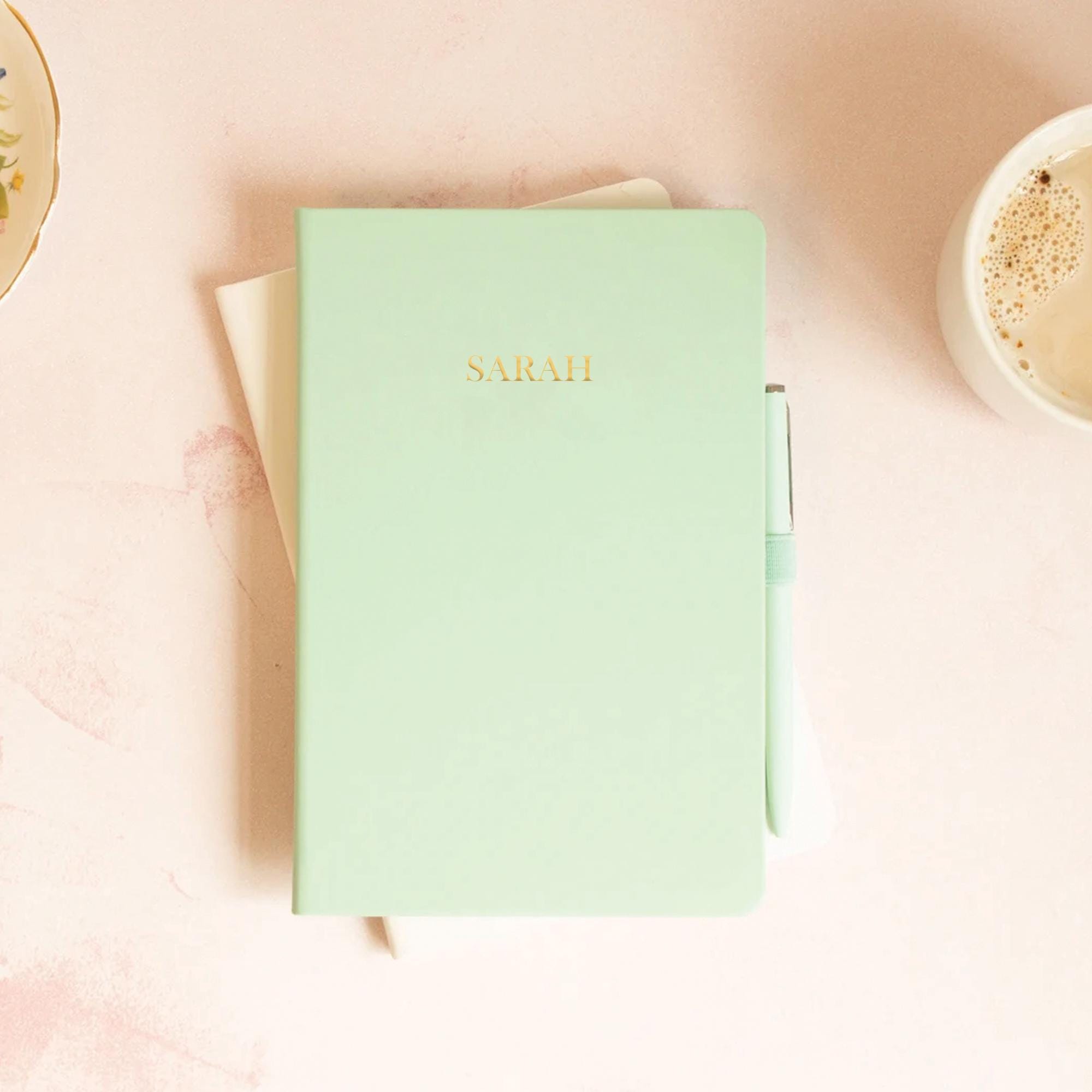 Personalised Journal, Initial Notebook, Green Notebook, A5 Notebook Custom Name, Faux Leather Notebook, Personalised Stationary, Light Green