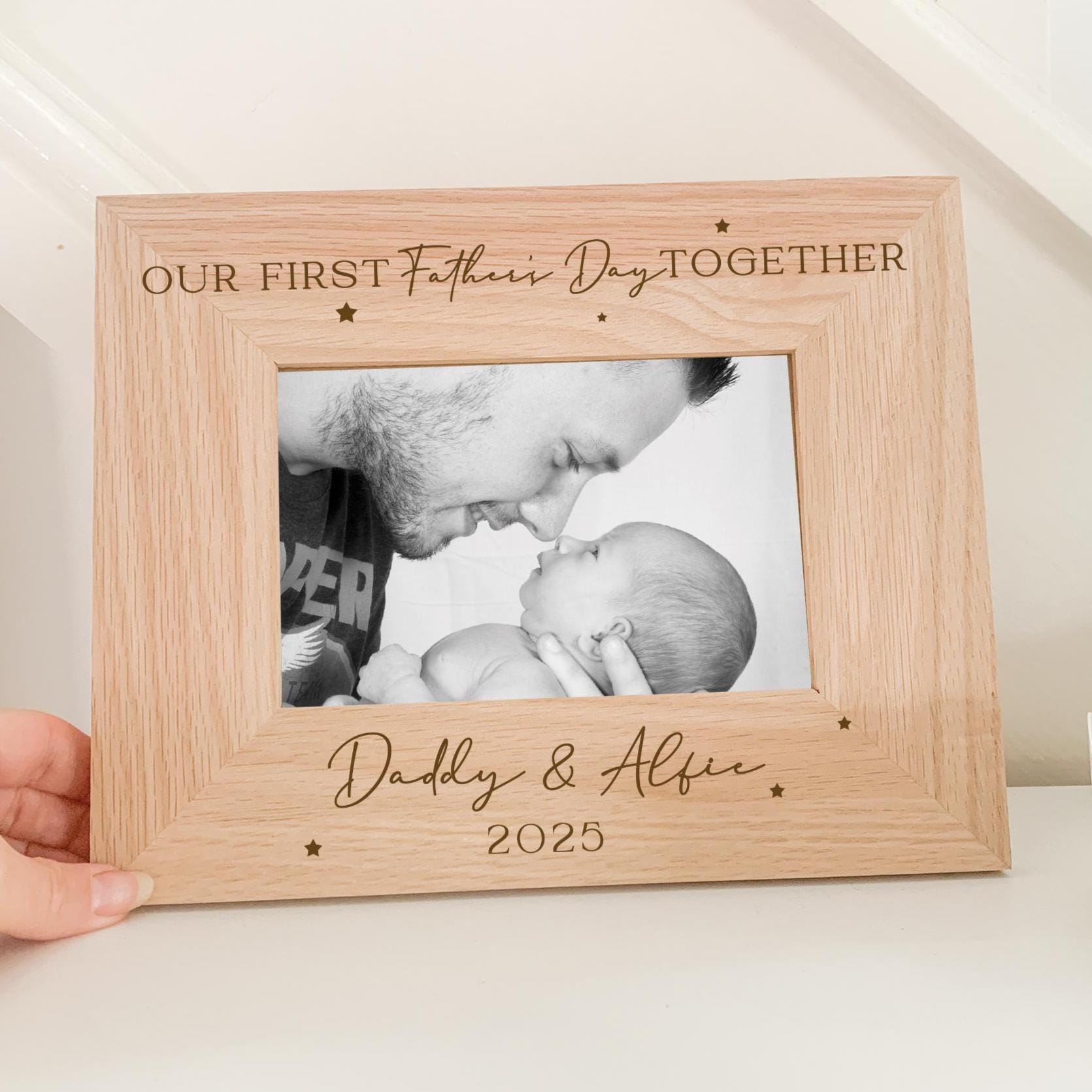 Personalised Father's Day Photo Frame, Engraved Dads Children Family Picture Frame, Oak Photo Engraved Frame, Solid Oak Family Names Frame