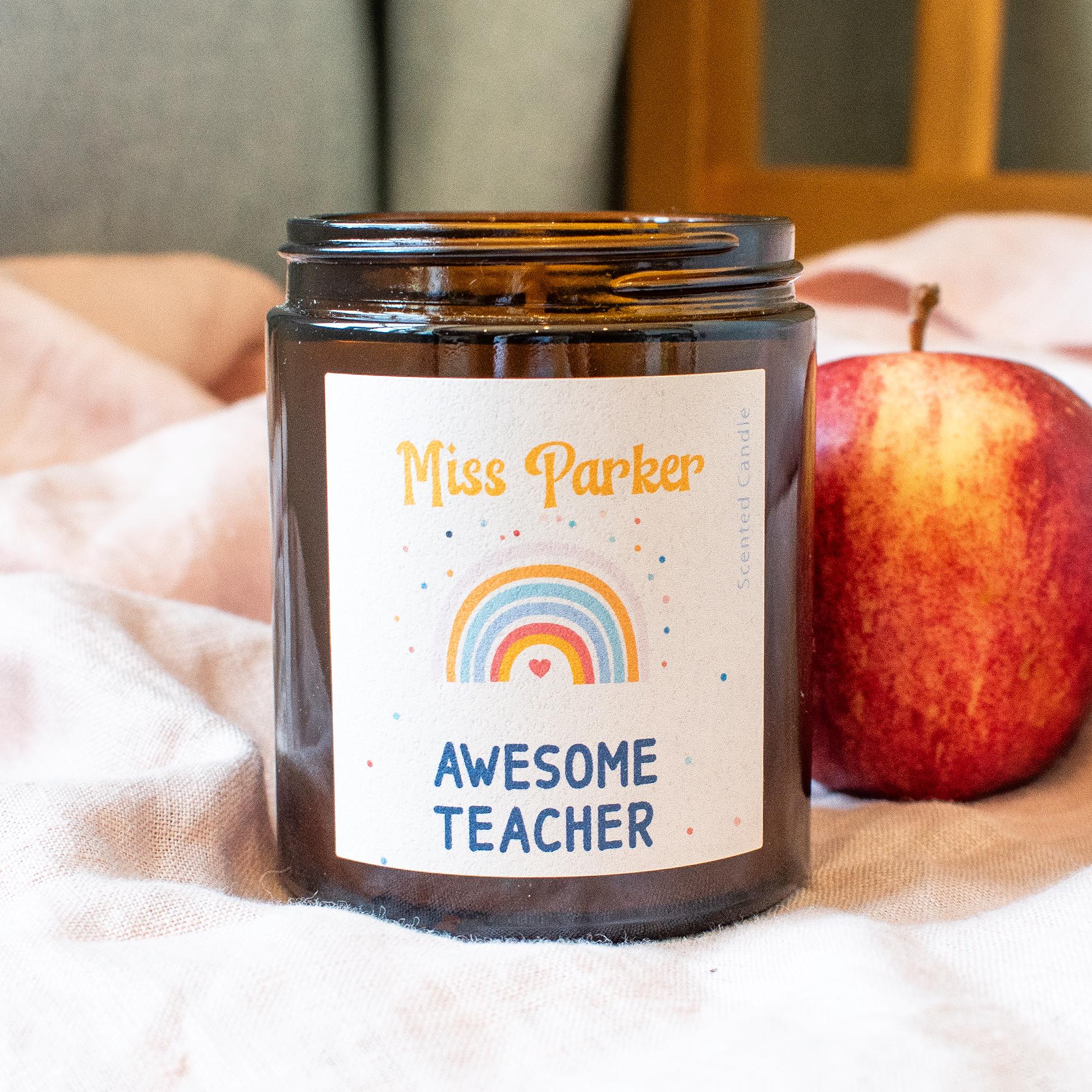 Personalised Teacher Candle, Rainbow Teacher Appreciation Gift, Teaching Assistant Gift, Headteacher Gift, End of School Thank you, Teacher